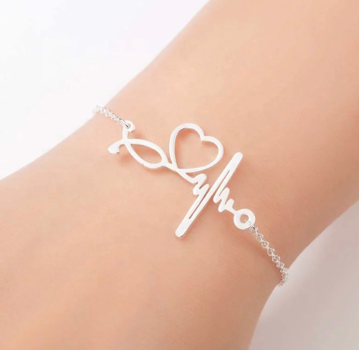 Silver or Rose Gold Stainless Steel Heart ECG Bracelet image 0