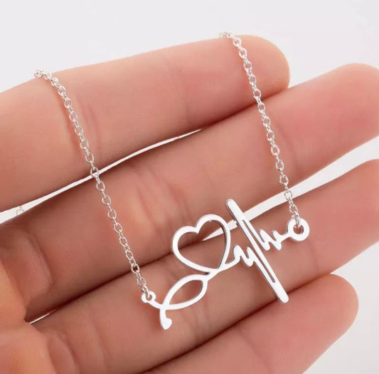 Silver or Gold Stainless Steel Stethoscope Heart ECG Necklace  image 0
